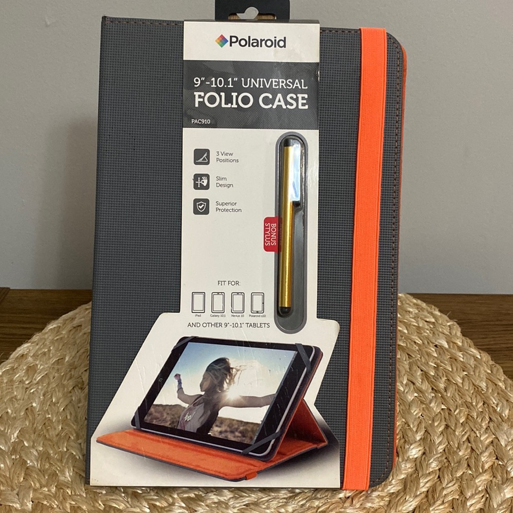 Polaroid gray and orange 9’-10.1’ universal folio case + stylus new